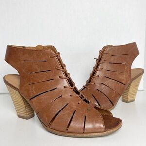 •PAUL GREEN• Cosmo Peep Toe Lace-Up Bootie/Sandal Brown Leather Size UK 6.5/US 9